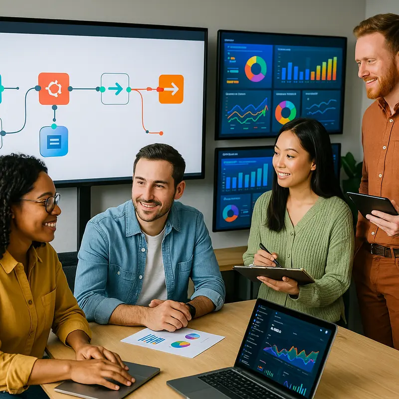 Marketing professionals working together with screens showing automated workflows and analytics powered by n8n.