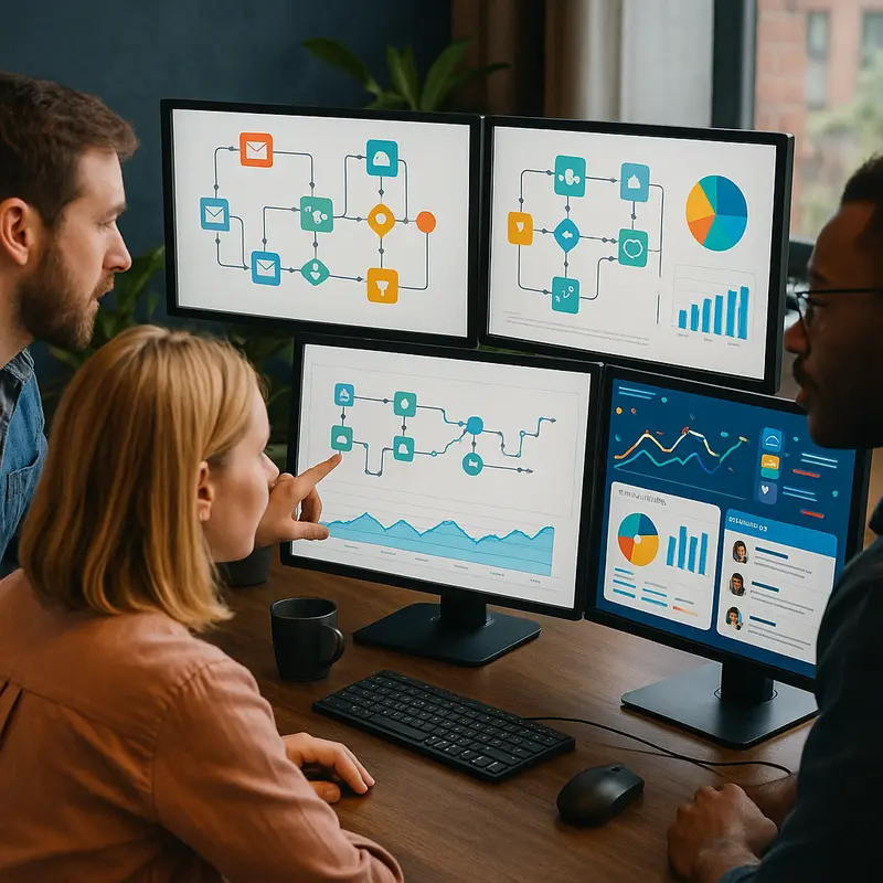 Marketing professionals configuring n8n workflows using drag-and-drop nodes and API integrations to automate marketing tasks.