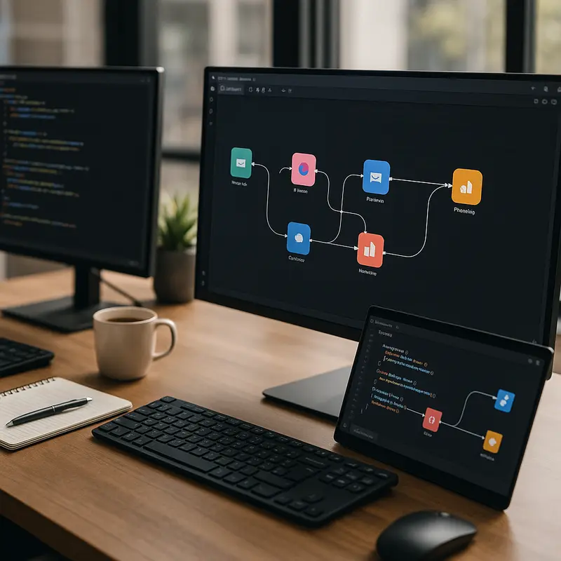 Visual representation of n8n’s node-based automation interface integrating multiple business apps with customizable JavaScript coding.