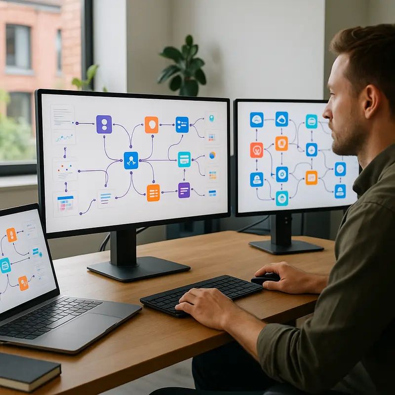 Modern office with multiple computer screens showing workflow automation and data synchronization visuals using n8n.